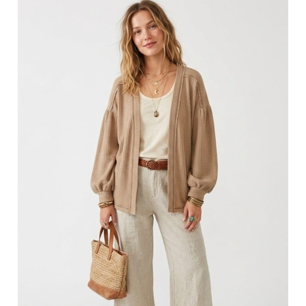 New Blu‎ Pepper Waffle Knit Cardigan Large Tan Open Front Balloon Sleeve Boho
